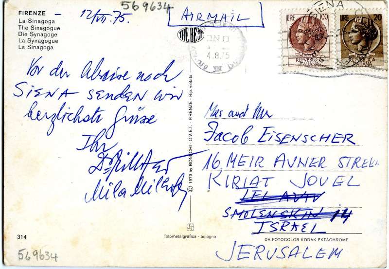 Postcard to Mr. and Mrs. Jakob Eisenscher from Italy<br><br>                                                           <br><br>